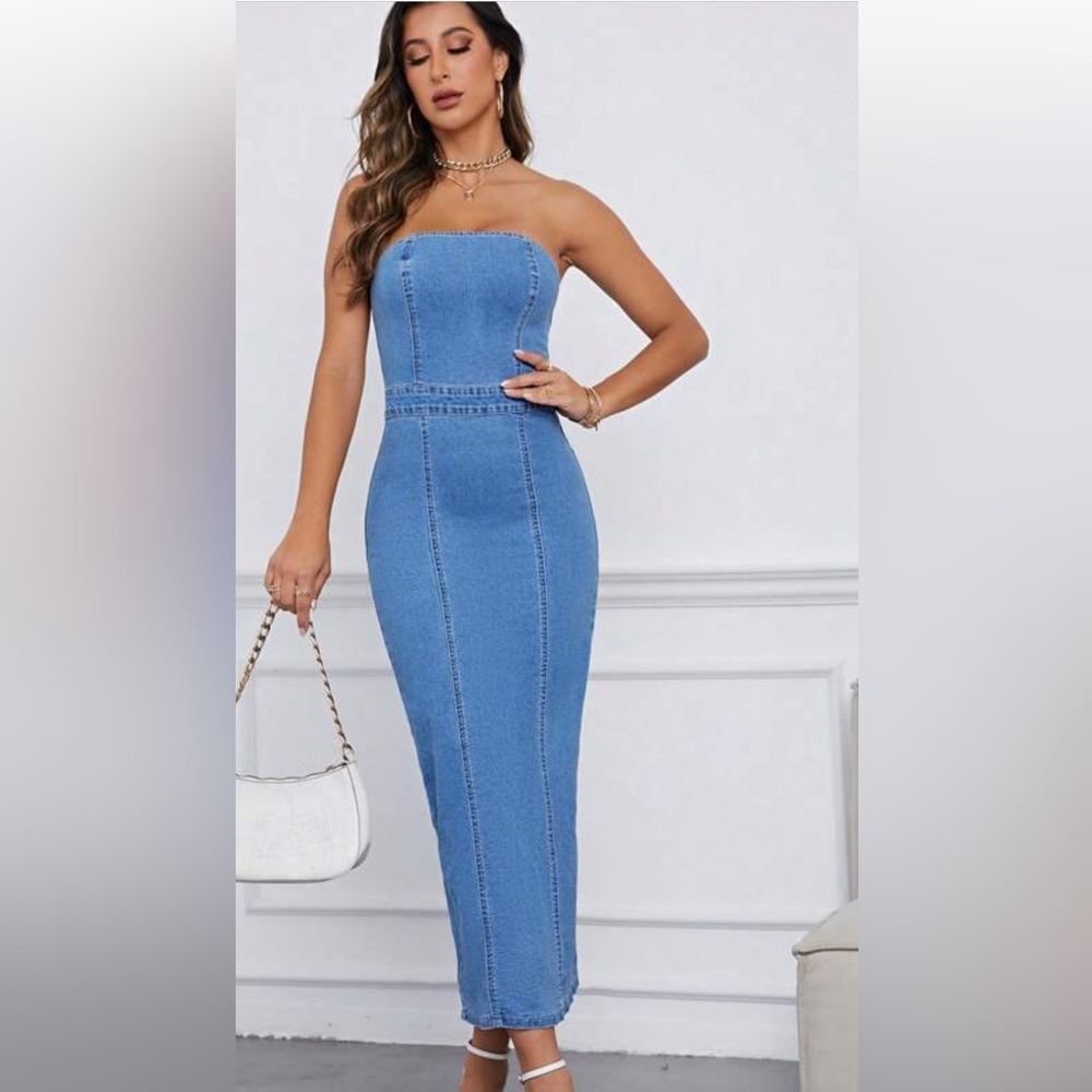 Split back tube denim dress
